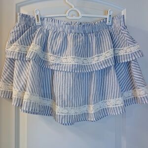Blue & White Striped Tiered Skirt Lace Trim L NWT Boho Coastal Cowgirl Flirty